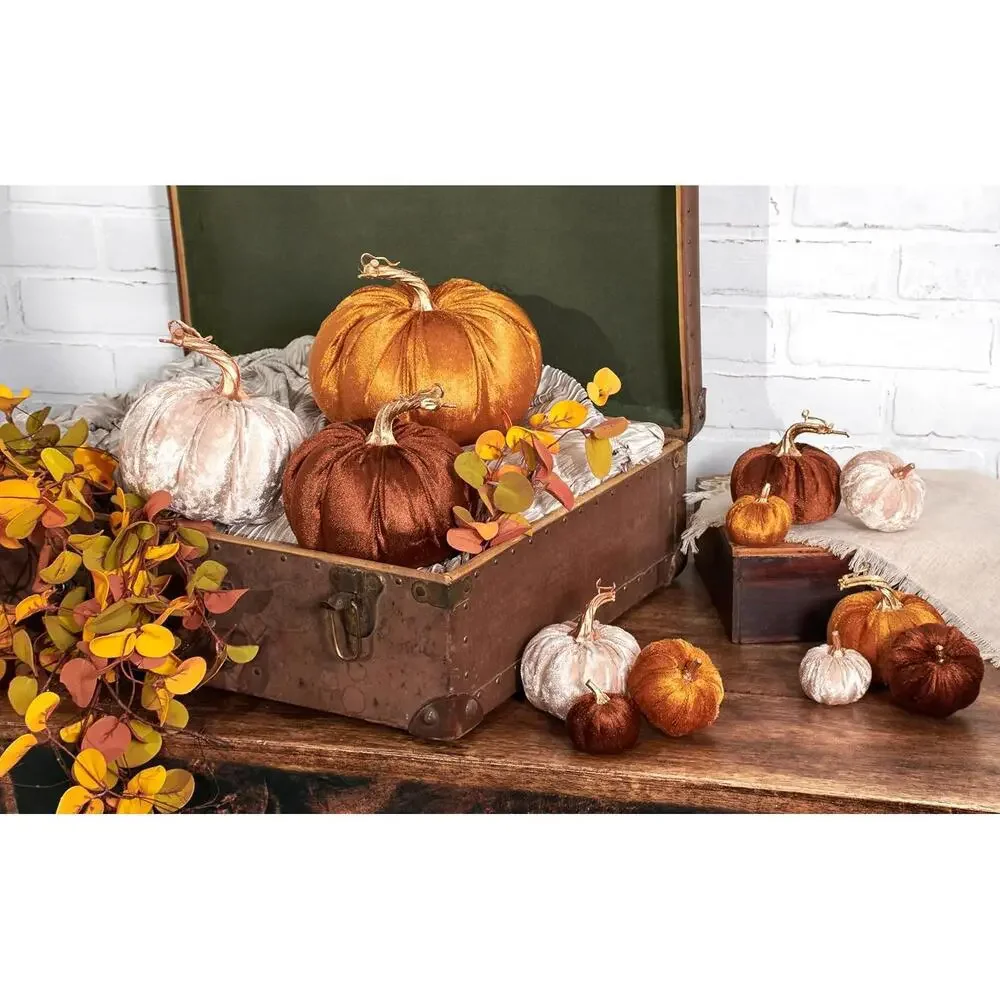 Brown Velvet Decorative Pumpkin | Dark Orange Fall Harvest Tabletop Décor with